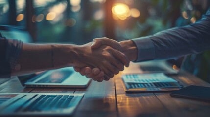 Professional business handshake over a wooden table with laptops, symbolizing successful agreement, partnership, and collaboration.