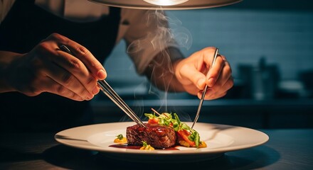 Cook plating gourmet steak with silver tweezers, cinematic fine dining photography close-up for professional culinary and restaurant branding