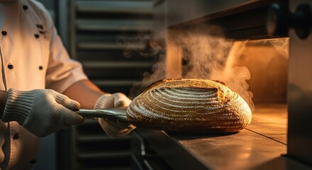 Master baker removing steaming sourdough bread from oven, cinematic artisanal food photography for bakery branding visuals