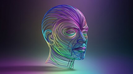 A digital art rendering of a human head constructed from colorful flowing lines on a dark background