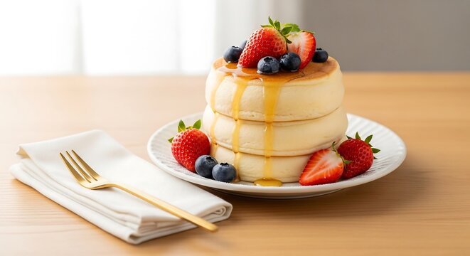 Fluffy Japanese souffle pancakes with fresh berries and honey drizzle, food photography for modern dessert lifestyle stock images