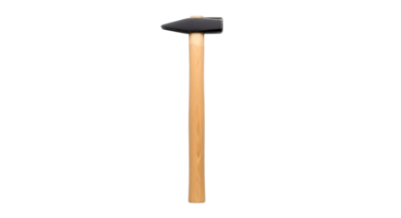 Isolated black metal hammer with wooden handle against a simple dark background presents construction tools.
