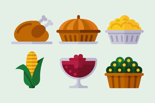 Holiday feast vector collection, roasted turkey pumpkin pie slice mashed potato corn cob cranberry bowl, autumn food icons, kitchen clipart
