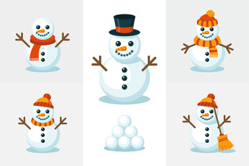 Snowman building stages rolling snowballs stacking body and adding accessories, vector clip art set for education worksheets tutorials and crafts
