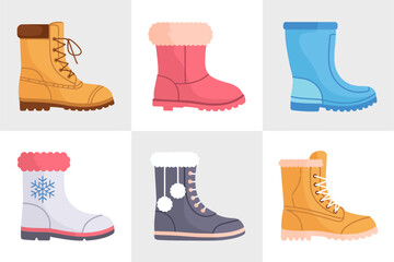 Cold weather boots set, waterproof rubber boots hiking styles and faux fur designs, footwear clipart collection, isolated vector icons