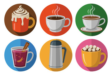 Coffee tea cocoa lineup, steaming mugs variety, kettle thermos included, warm beverage vector, cafe branding illustration