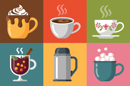 Hot drinks square tiles, cocoa coffee tea mugs, thermos with marshmallows, cozy cafe vector, winter beverage clipart