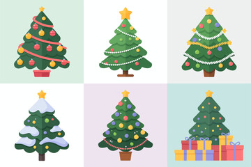 Christmas tree grid collection on pastel blocks, decorated evergreens with baubles and star, seasonal holiday vector set for designers