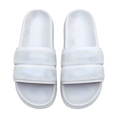 Symmetrical arrangement of two white slip-on sandals against a plain black backdrop