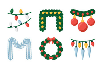 Evergreen wreath and garland pack, ribbon bows ornaments and lights, seasonal home decor, invitation border graphics, clean vector design