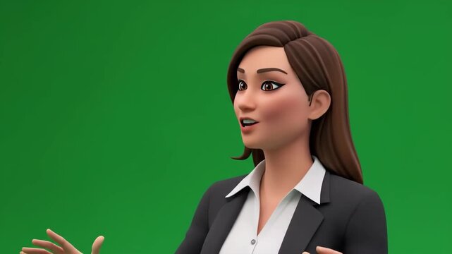 3D animated businesswoman giving a presentation against a green screen.
