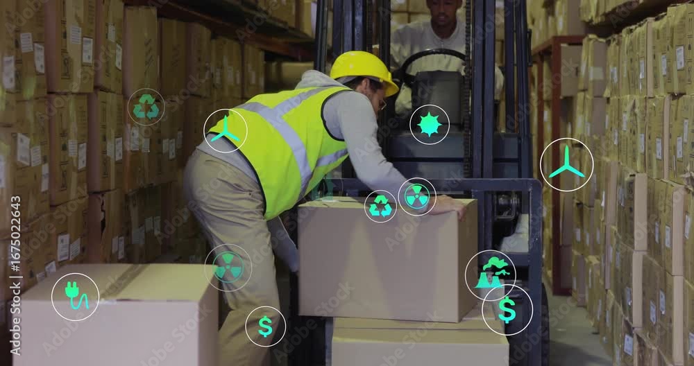 Poster warehouse worker loading box for shipping, driver aligning forks digital metric icons hovering