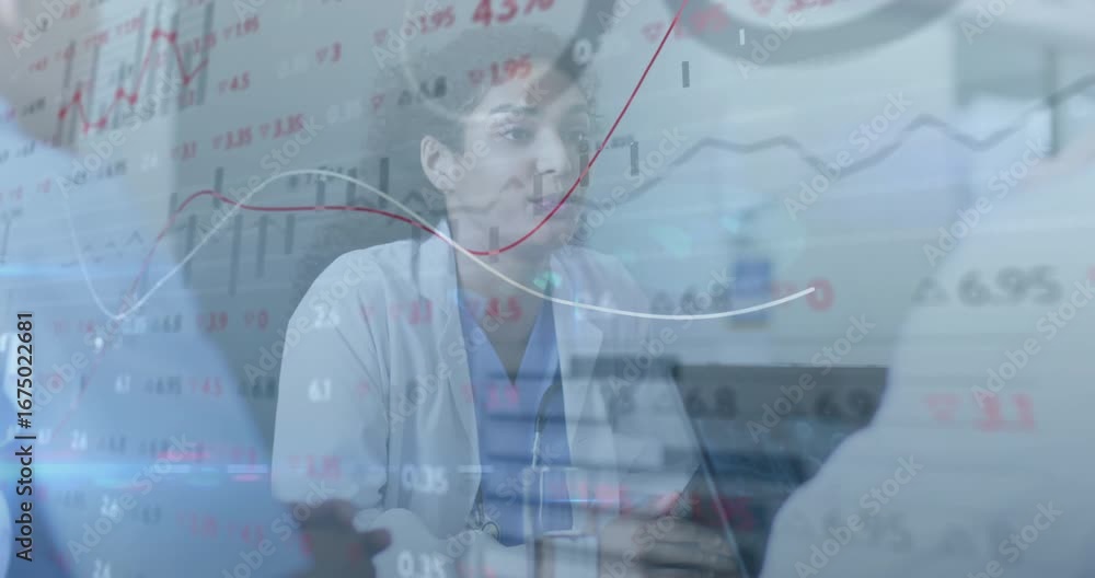 Poster doctor with stethoscope receiving input before sharing insights as red white graphs overlaying data