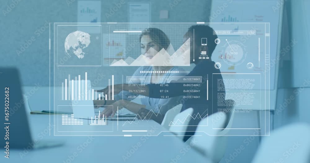Poster Seated analyst typing on laptop and activating overlay with peer pointing chart in business review
