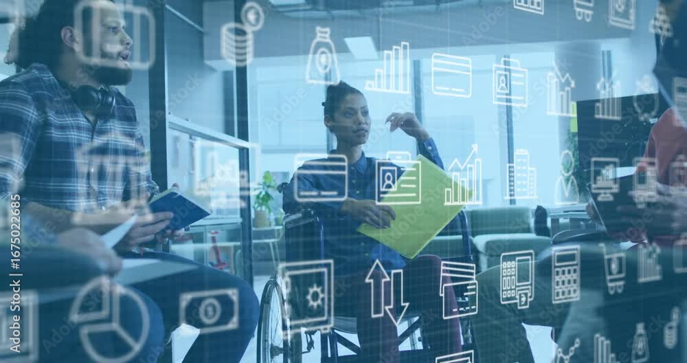 Poster peer scrolling notebook sparking woman pointing finance icons on transparent panel steering chat