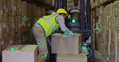 Warehouse worker loading box for shipping, driver aligning forks digital metric icons hovering - Powered by Adobe