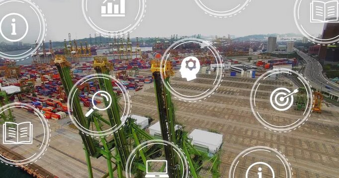 Drone moving backward revealing green cranes icons fading shifting morphing showing logistics data