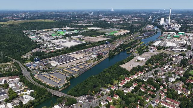 Aerial view of the industrial zone surrounding the Rhine-Herne Canal in Germany