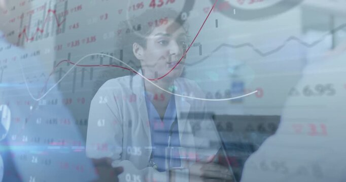 Doctor with stethoscope receiving input before sharing insights as red white graphs overlaying data