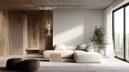 Modern minimalist living room with light-wood walls and a sectional couch