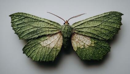 Detailed close-up of a preserved green moth with off-white markings