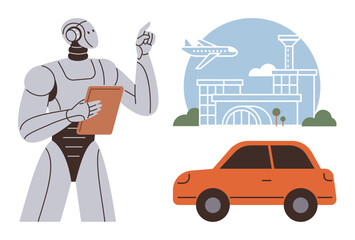 Robot holding tablet gestures thoughtfully near orange car, airport building, and airborne plane. Ideal for AI, technology, automation, transport, innovation, future concepts modern logistics