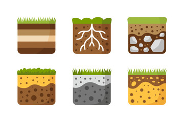 Soil profile layers collection, cross section with humus topsoil roots gravel clay sand, geology and agriculture icons, educational vector pack