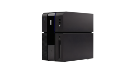 Sleek black media server showcasing advanced design and digital technology against a dark backdrop