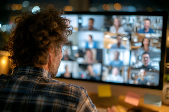 Business man having virtual team meeting on video coference call using compute. Social distance worker wrking from home office taling to diverse colleagues n remote videoconference oline chat.