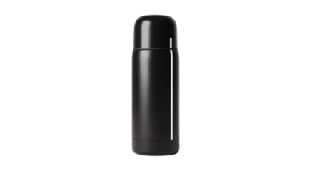 Sleek black thermos against a dark backdrop showcasing minimalist design and modern aesthetics for beverage storage.
