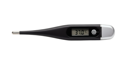 Digital thermometer displays normal human temperature reading on screen in isolated black background for health concepts