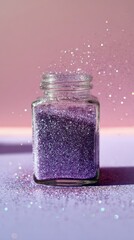 Lilac glitter in glass jar, light scatters