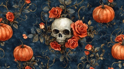 Halloween Roses Pumpkins Skull Pattern Seamless Design