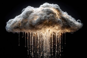 Luminous cloud with golden rain droplets against a black background