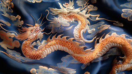 Obraz premium Detailed Embroidery of a Majestic Dragon on a Rich Red Silk Fabric