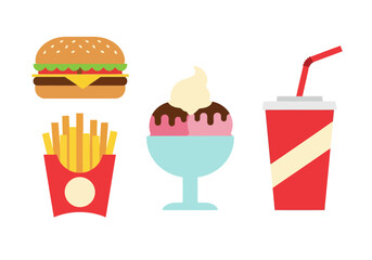 A classic fast food meal combo icon set featuring a hamburger, french fries, ice cream sundae, and a soft drink, designed as a flat vector illustration
