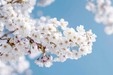 Fototapeta premium Closeup Of Spring Cherry Blossoms Against Blue Sky
