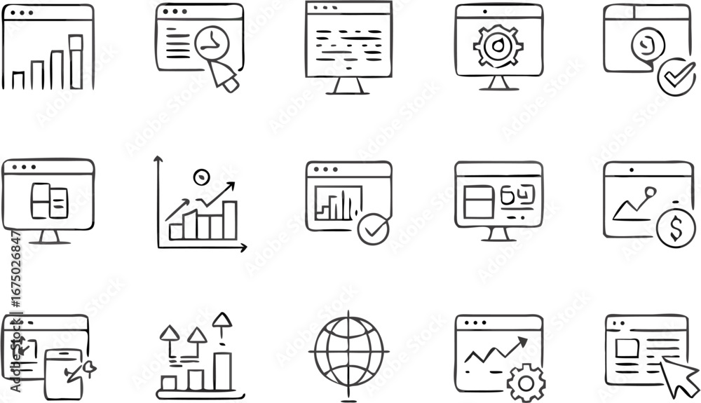 Poster vector collection of hand drawn website analytics and data visualization icons featuring charts and 