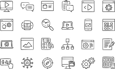 Vector collection of hand drawn style icons representing various digital and business related concepts on white background