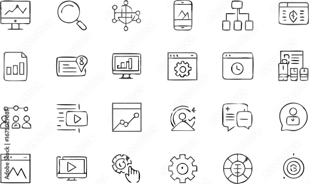 Poster vector illustration showcasing various business and data analytics icons in a hand drawn doodle styl