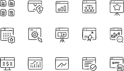 Vector illustration of various website interface icons including charts security and document management tools