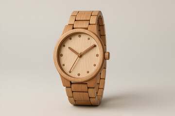 Realistic eco-friendly wooden wristwatch with warm wood tones, displayed on a neutral background with soft lighting for a clean and elegant presentation.