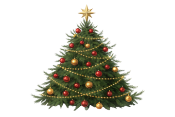 Elegant Christmas tree with golden star topper, red and gold ornaments, warm lights, isolated on a transparent background