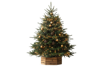 Rustic Christmas tree in wooden crate base with warm lights, gold ornaments, pine cones, isolated on a transparent background