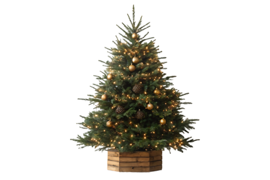 Rustic Christmas tree in wooden crate base with warm lights, gold ornaments, pine cones, isolated on a transparent background