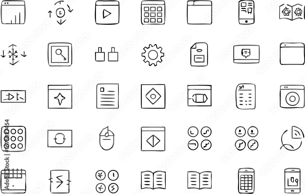 Poster vector illustration of various user interface icons including windows, settings, and mobile applicat
