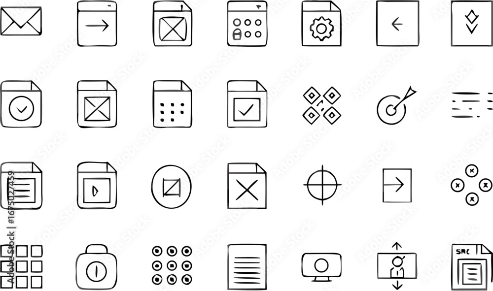 Poster vector illustration of a set of hand drawn user interface icons including file types and navigation 