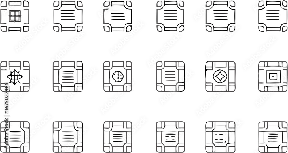 Aufkleber vector collection of outlined square icons with unique designs and corner embellishments arranged ne