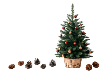 Small Christmas tree in basket with red bronze ornaments pinecones scattered around, isolated on a transparent background