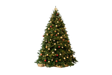 Large Christmas tree with mixed ornaments warm string lights golden star topper, isolated on a transparent background